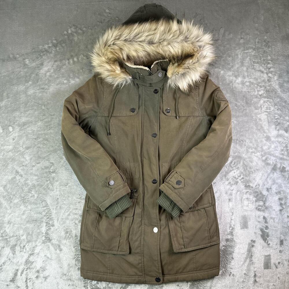 DKNY Womens Full Zip Lined Faux Fer Trim Hooded Military Coat Green Size XS